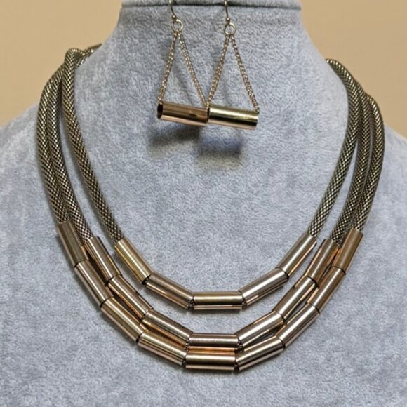 Three Layers Two Tone Snake Link Necklace Earring Set - Picture 1 of 3